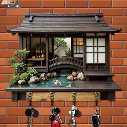 SS69 2D Retro Japanese-Style Wooden Key Holder with 4 Bronze Hooks