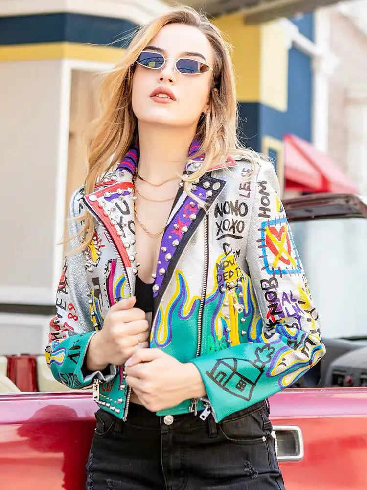 Womens Rivet Beading Pu Jacket Hit Color Streetstyle Graffiti Outerwear Letters Printed Leather Jackets Short Punk Street Coat SS69