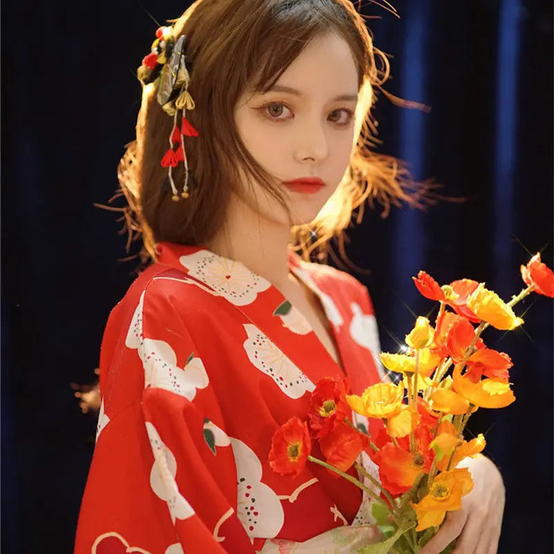 Fashion National Trends Women Sexy Kimono Yukata Dress With Obi Novelty Evening Dress Japanese Cosplay Costume Floral One Size