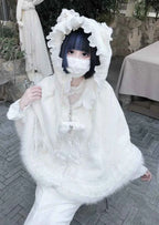 Japanese Mine Lace Splicing Cute Bow Lolita Shawl Jacket Autumn and Winter New Sweet Girl Loose Warm Plush Cape Coat Women