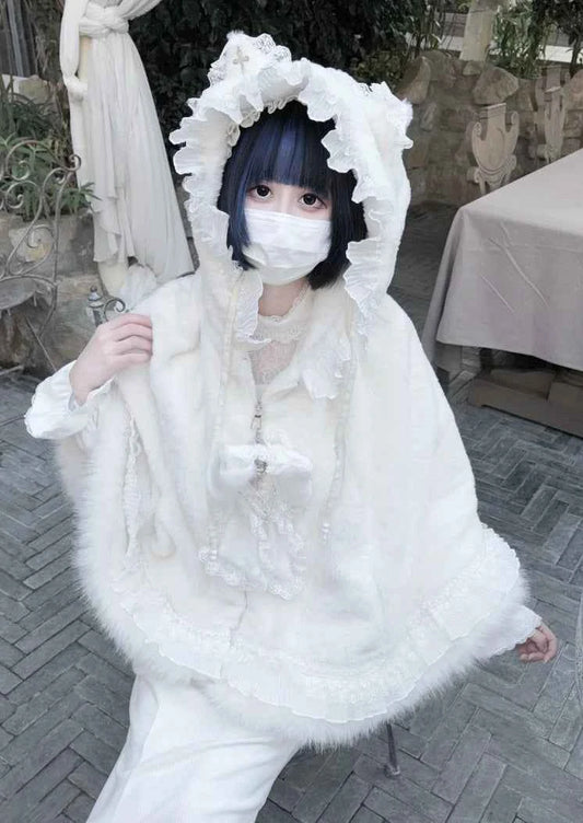 Japanese Mine Lace Splicing Cute Bow Lolita Shawl Jacket Autumn and Winter New Sweet Girl Loose Warm Plush Cape Coat Women