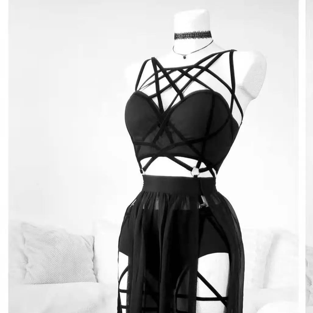 Gothic Mesh Backless Crop Top & Skirt Set - 3 Piece