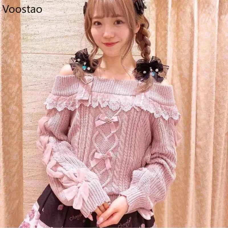 SS69 Vintage Sweet Lolita Knit Pullover with Lace Ruffles and Bows