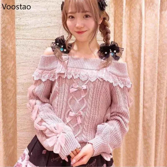 SS69 Vintage Sweet Lolita Knit Pullover with Lace Ruffles and Bows