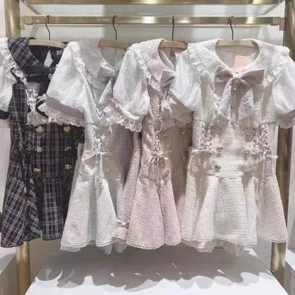 Japanese Mine Mass-Produced Short-Sleeve Shirt Dress Shorts Set Women Sweet Liz Doll Collar Bow Shirt Dress Two-Piece Suit