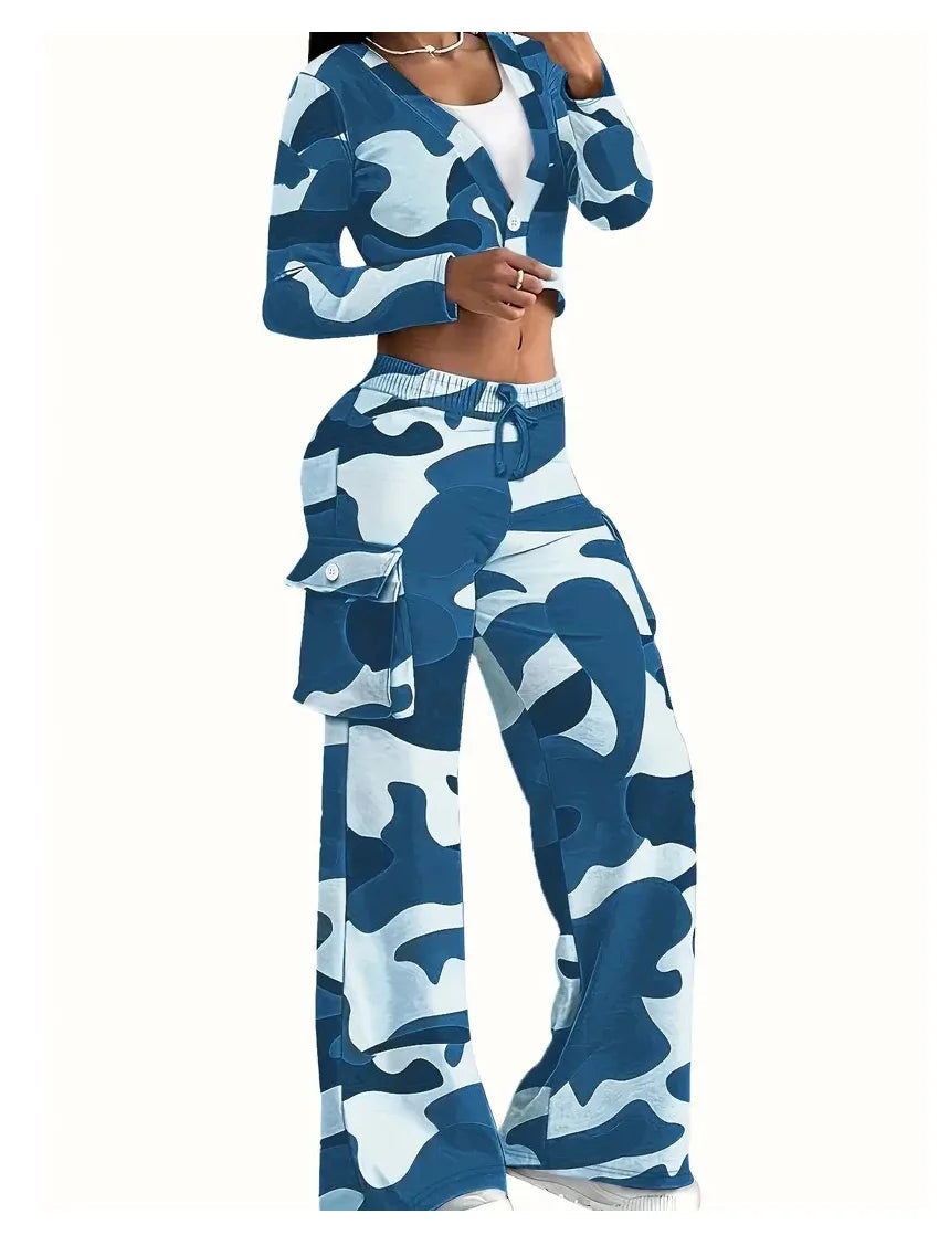 Camo Print Cargo Pants Sets Sexy Crop Tops & Elastic High Waist Wide Leg Trousers Women's Two Pieces Set Casual SweatOutfits SS69