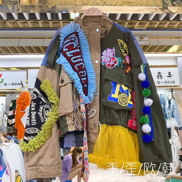 Women Floral Embroidery Sequined Trench Coats Mesh Spliced Ruffles Denim Jacket Hairballs Tassels Jeans Cardigan Streetwear Tops SS69