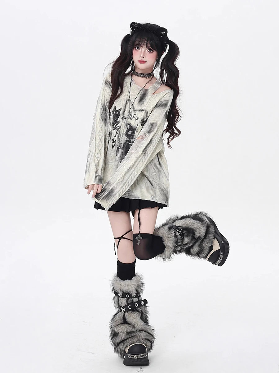 REDDACHiC Faux Fur Leg Warmers with Belt - Vintage Y2k Gyaru