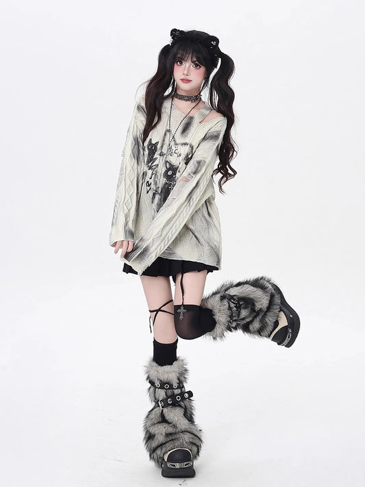 REDDACHiC Faux Fur Leg Warmers with Belt - Vintage Y2k Gyaru Boots Cover