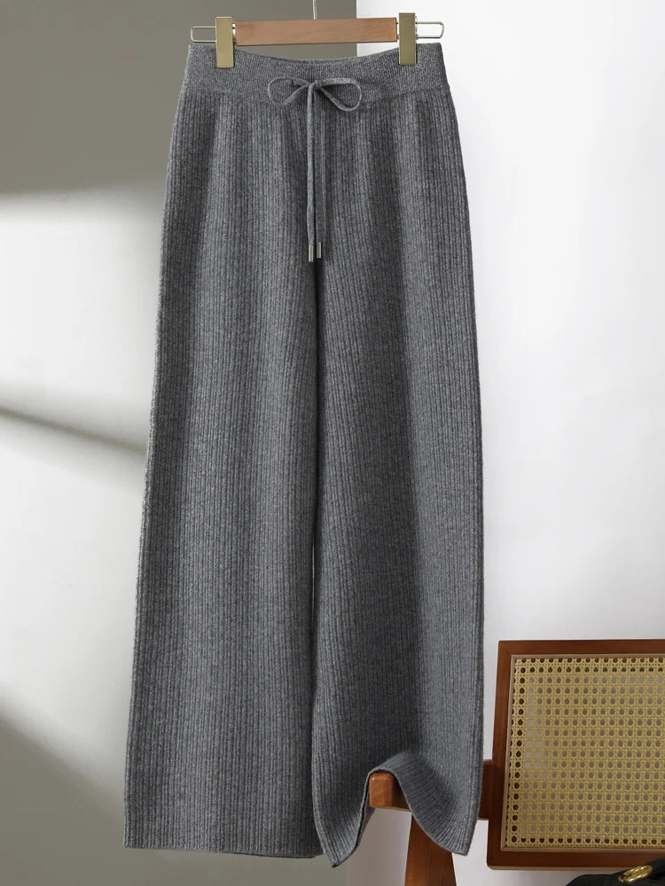 Yoyoselect New Popular Women Wide-Leg Wool Pants 100% Merino Wool Quality Soft Trousers Basic Casual Knitted Elastic Waist Slack SS69 85.69 Mid Gray / S