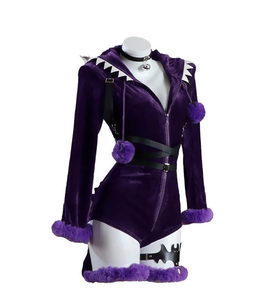 Gengar Anime Cosplay Bodysuit with Hood Tail and Socks Purple Ghost Romper