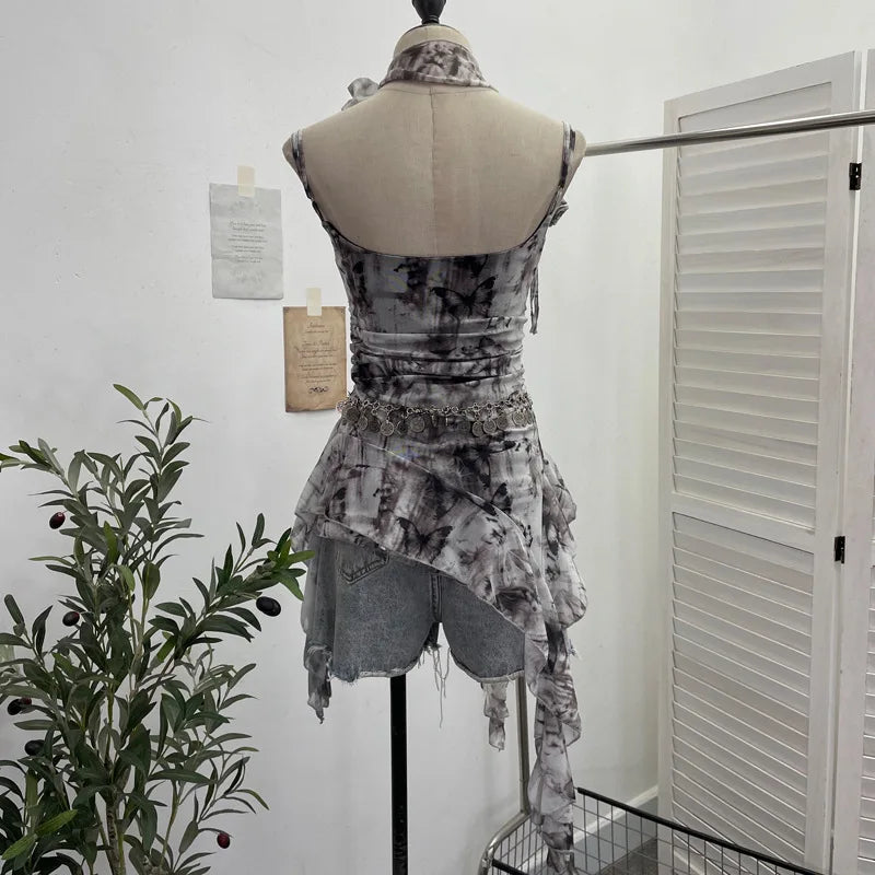 Women's Vintage Tie-dye Printed Mesh Spaghetti Strap Camisole Hot Girl Irregular Ruffled Ribbon Sleeveless Top Partyclub 1185