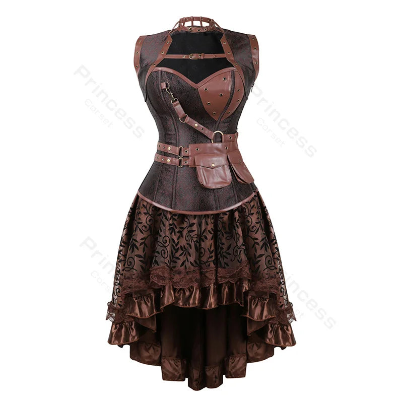 Brown Pirate Dress Plus Size Faxu Leather Steampunk Corset Dress with Shoulder Off Blouse Cosplay Pirate Costume for Women SS69