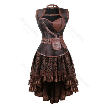 Brown Pirate Dress Plus Size Faxu Leather Steampunk Corset Dress with Shoulder Off Blouse Cosplay Pirate Costume for Women SS69