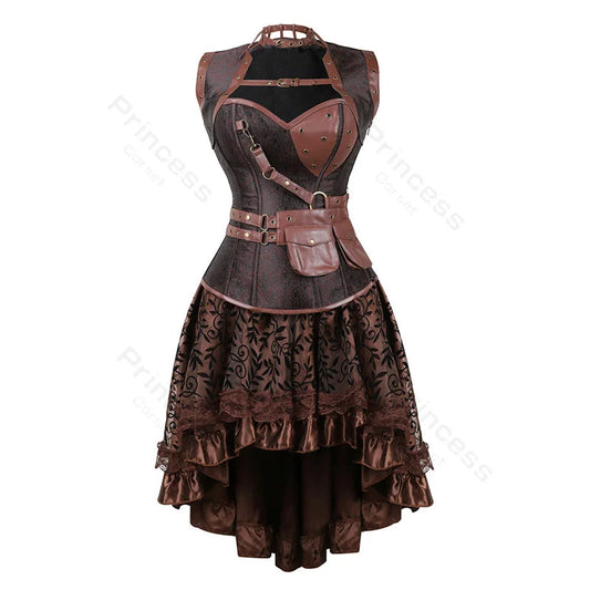 Brown Pirate Dress Plus Size Faxu Leather Steampunk Corset Dress with Shoulder Off Blouse Cosplay Pirate Costume for Women SS69
