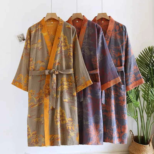 Cotton-colored Woven Jacquard Kimono Robes with Belt Loose Men's Long Sleeve Large Size Yukata Sweat-steamed Clothes