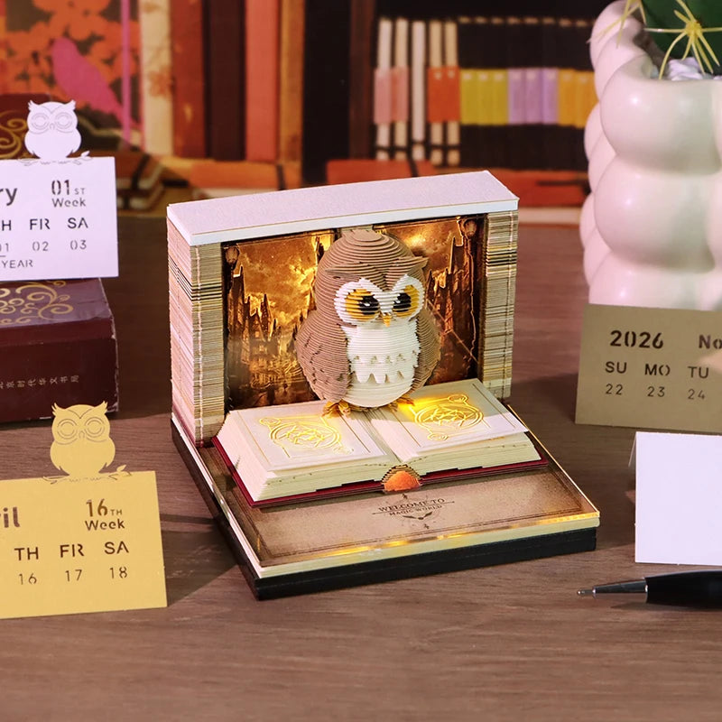 ANENG 2026 3D Desk Calendar Time Piece with LED Light Paper Carving Memo Pad