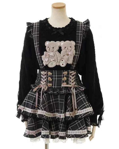 Original Japanese Mines Lolita Strap Skirts Women High Waist and Thin Frilly Pleated Skirt College Style Liz Girl Plaid Skirt