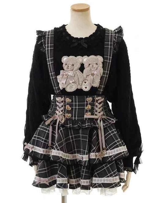 Original Japanese Mines Lolita Strap Skirts Women High Waist and Thin Frilly Pleated Skirt College Style Liz Girl Plaid Skirt