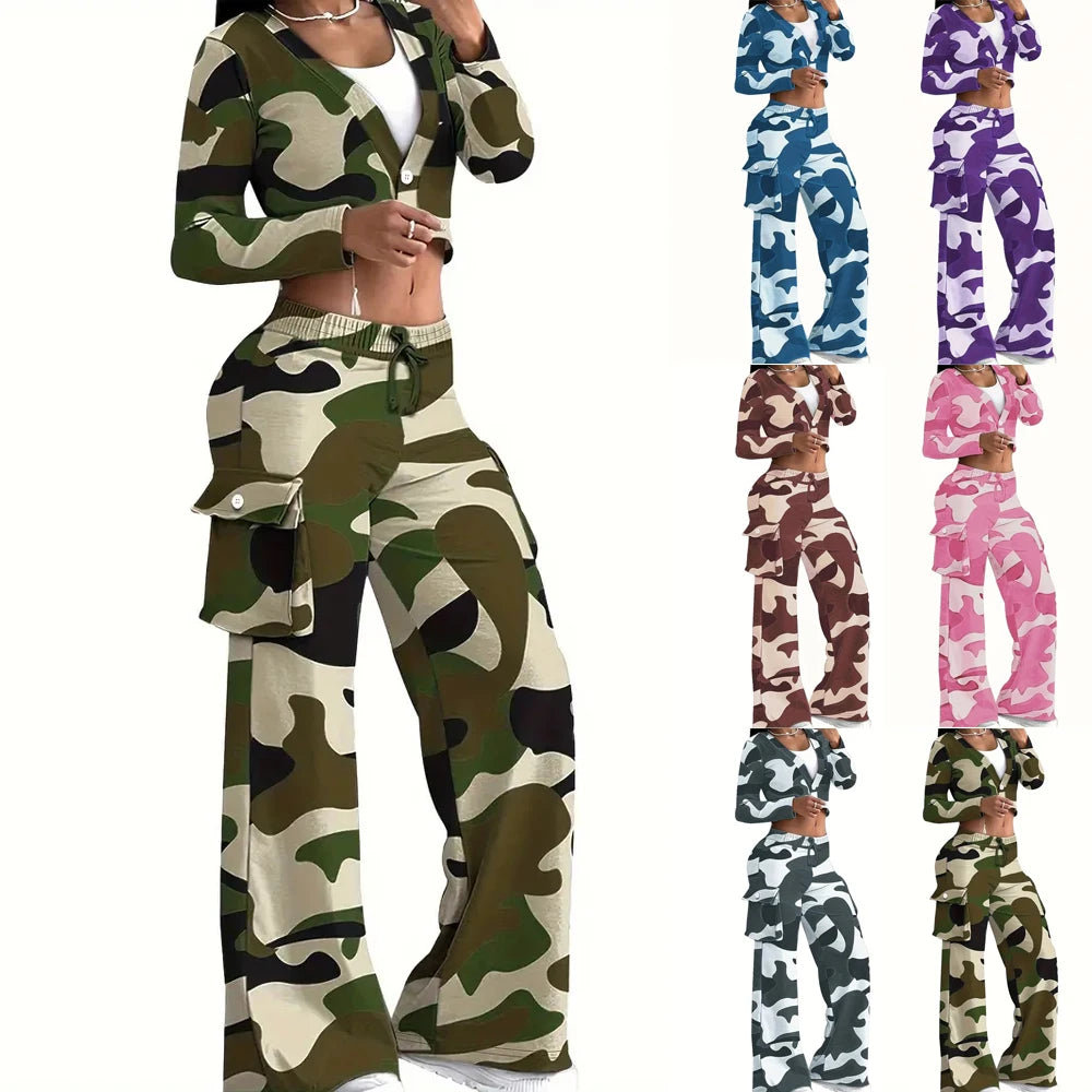 Camo Print Cargo Pants Sets Sexy Crop Tops & Elastic High Waist Wide Leg Trousers Women's Two Pieces Set Casual SweatOutfits SS69