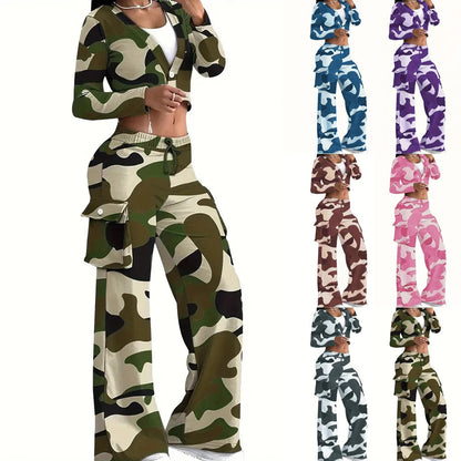 Camo Print Cargo Pants Sets Sexy Crop Tops & Elastic High Waist Wide Leg Trousers Women's Two Pieces Set Casual SweatOutfits SS69