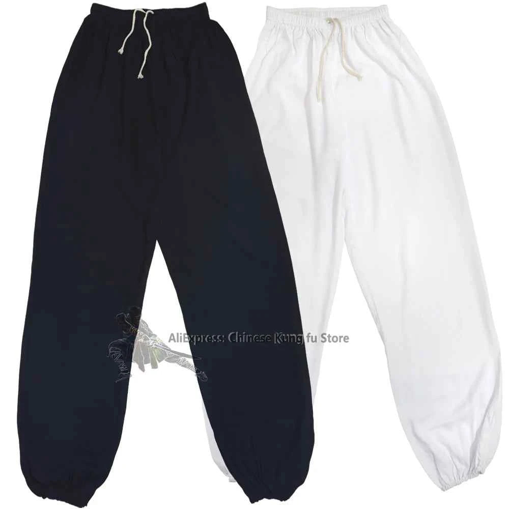 Kids Adults Cotton Kung fu Tai chi Pants Martial arts Wing Chun Black and White Wushu Trousers