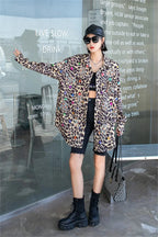 Harajuku Vintage Pearl Beaded Diamonds Leopard Print Women Thin Shirt Jacket Loose Casual Lapel Long Sleeve Female Jacket Coat SS69