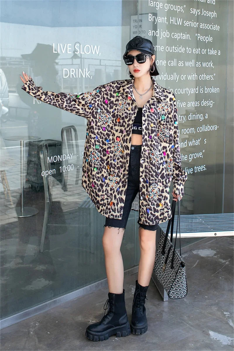 Harajuku Vintage Pearl Beaded Diamonds Leopard Print Women Thin Shirt Jacket Loose Casual Lapel Long Sleeve Female Jacket Coat SS69