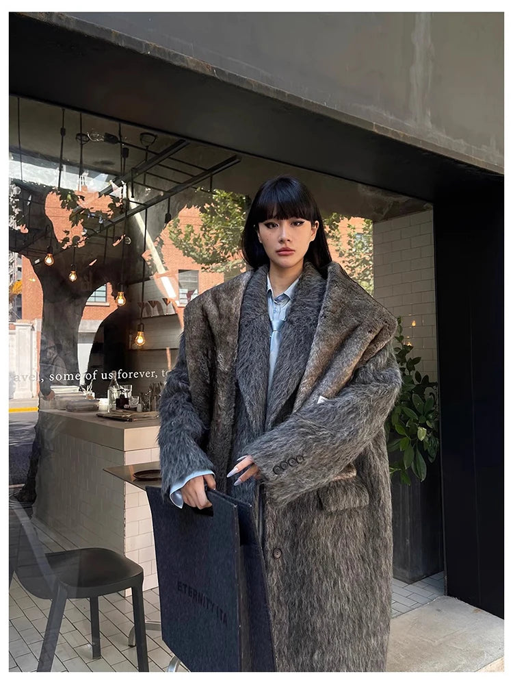 Mauroicardi Autumn Winter Oversized Extra Long Warm Thick Gray Wool & Blends Coat Women Loose Casual Fluffy Korean Fashion 2024