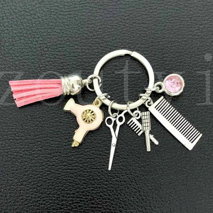 New fashion hairstyle gift charm tassel keychain retro jewelry mini hairdressing scissors hair dryer comb keychain DIY manual