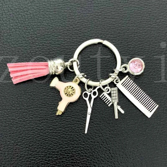 New fashion hairstyle gift charm tassel keychain retro jewelry mini hairdressing scissors hair dryer comb keychain DIY manual