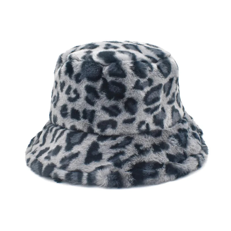 Winter Bucket Hat Women's Fashion Leopard Panama Warm Hats Female Vintage Faux Fur Fisherman Cap Hats For Women Dropshipping
