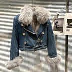 Winter Women Denim Coat Jacket Fox Collar Short  Warm High Street Outerwear Thicken Coat High Quality Luxury Design Party Wear