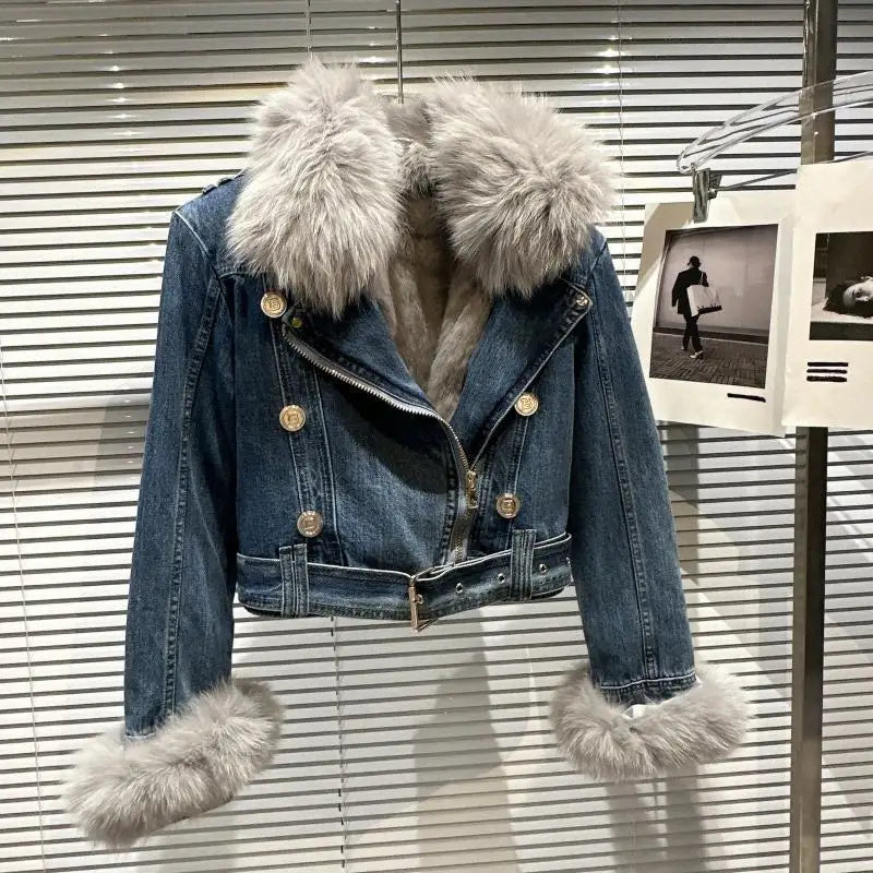 Winter Women Denim Coat Jacket Fox Collar Short  Warm High Street Outerwear Thicken Coat High Quality Luxury Design Party Wear
