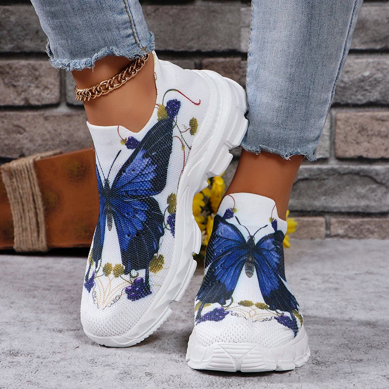 Fashion Butterfly Print Platform Sneakers for Women 2025 Autumn Non Slip Knitted Sports Shoes Woman Thick Sole Slip On Sneakers