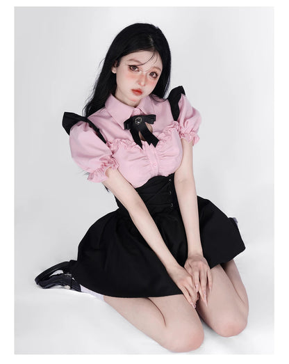 Summer Kawaii Clothing Pink Y2k Crop Tops Blouse + Black Mini Dress Two Piece Set for Women Casual Bodycon Korean Suit Chic SS69