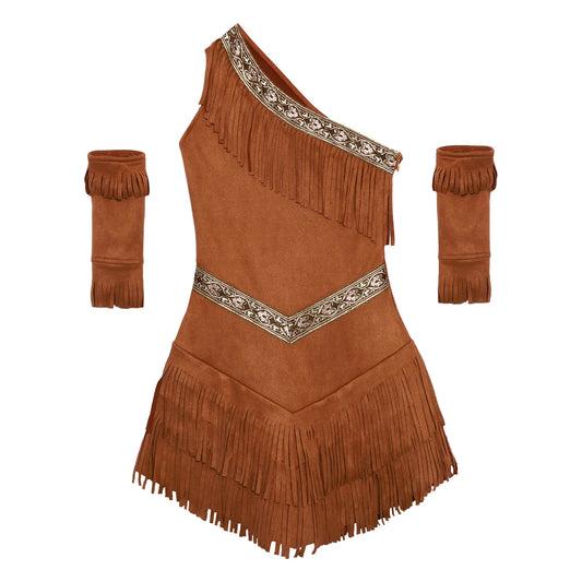 YiZYiF Girls Native American Inspired Fringe Dress with Sleeves Cosplay Set