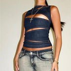 Talenza Women's Sleeveless Round Neck Vest Summer Solid Color Hollow Slim Vest Top Fashion Sexy Streetwear Women's Slim Vest Top SS69
