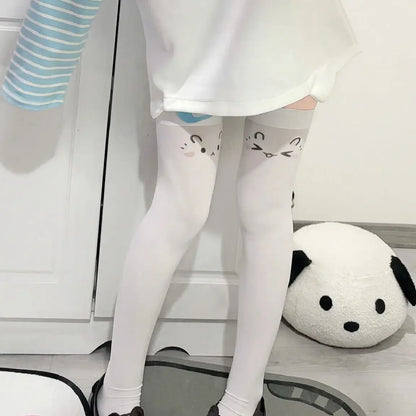SS69 Japanese Kawaii Expression Thigh High Socks - White Plaid Over Knee