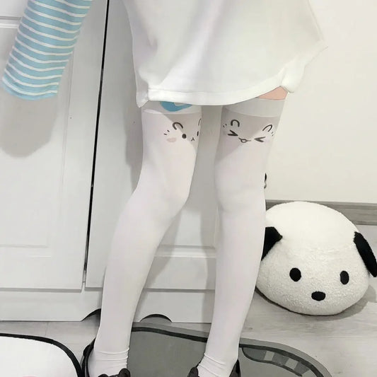 SS69 Japanese Kawaii Expression Thigh High Socks - White Plaid Over Knee