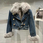 Winter Women Denim Coat Jacket Fox Collar Short  Warm High Street Outerwear Thicken Coat High Quality Luxury Design Party Wear