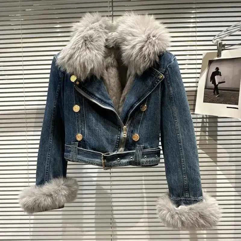 Winter Women Denim Coat Jacket Fox Collar Short  Warm High Street Outerwear Thicken Coat High Quality Luxury Design Party Wear