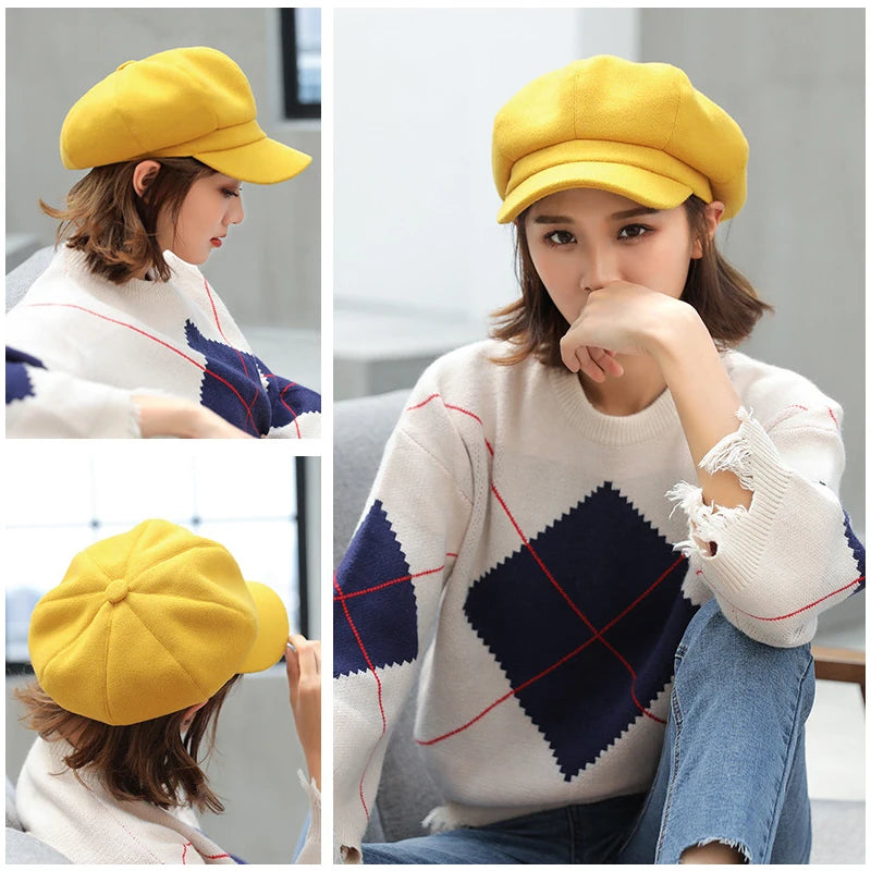 Woolen Octagonal Beret Hat for Women - Autumn/Winter Style
