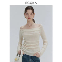 EGGKA Autumn One-shoulder Halter Neck Knitted Tops Women Slim Designer T-Shirts Slash Neck Long Sleeve Tops Korean Fashion Tees SS69