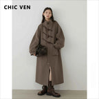 CHIC VEN Women Long Woolen Coats Single Breasted Loose Stand Collar Cow Horn Buttoned Office Ladies Overcoat Autumn Winter 2026