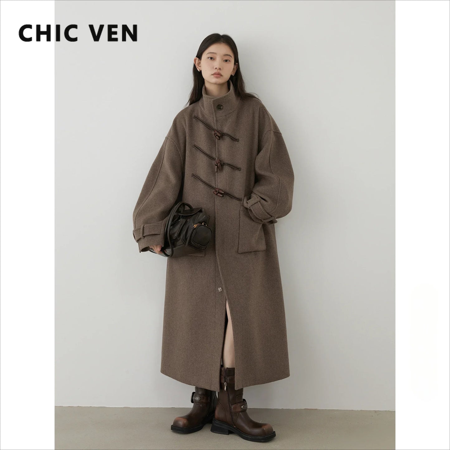 CHIC VEN Women Long Woolen Coats Single Breasted Loose Stand Collar Cow Horn Buttoned Office Ladies Overcoat Autumn Winter 2026