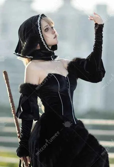 Miccosumes Women's Marcille Donato Cosplay Costume Black Dress Set with Headscarf Sleeves and Ears