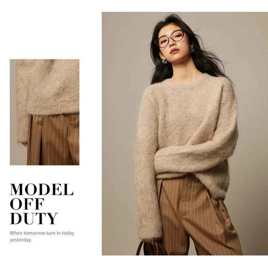 Warm Alpaca Pullovers for Woman, Dropped Sleeved Loose Sweaters, 2025 Fall Winter Top, Camel, Beige