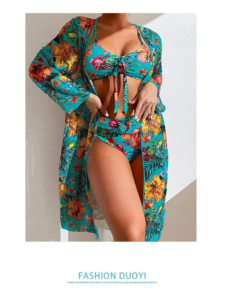 Size S-3XL Bikini Three Pieces Floral Printed Swimsuit Women Bikini Set With Mesh Long-Sleeved Blouse,Bra Top with Pad Swimwear SS69