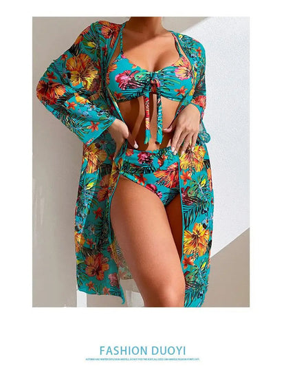 Size S-3XL Bikini Three Pieces Floral Printed Swimsuit Women Bikini Set With Mesh Long-Sleeved Blouse,Bra Top with Pad Swimwear SS69
